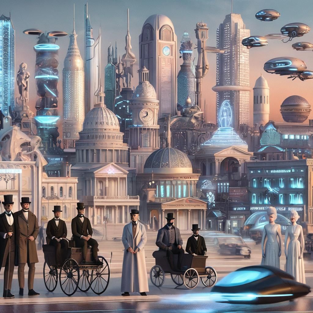A futuristic city blending different eras, with Victorian ge...