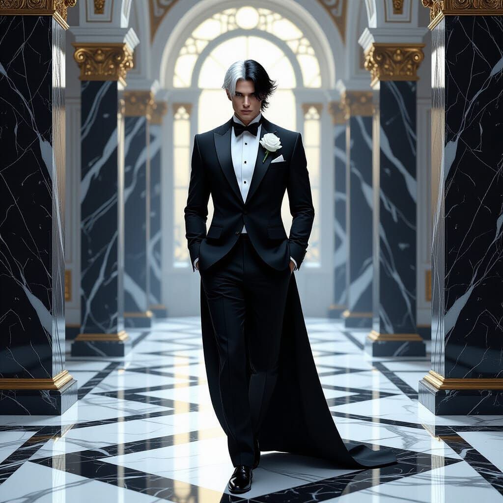 Handsome Man with Dual-Tone Hair in Marble Room