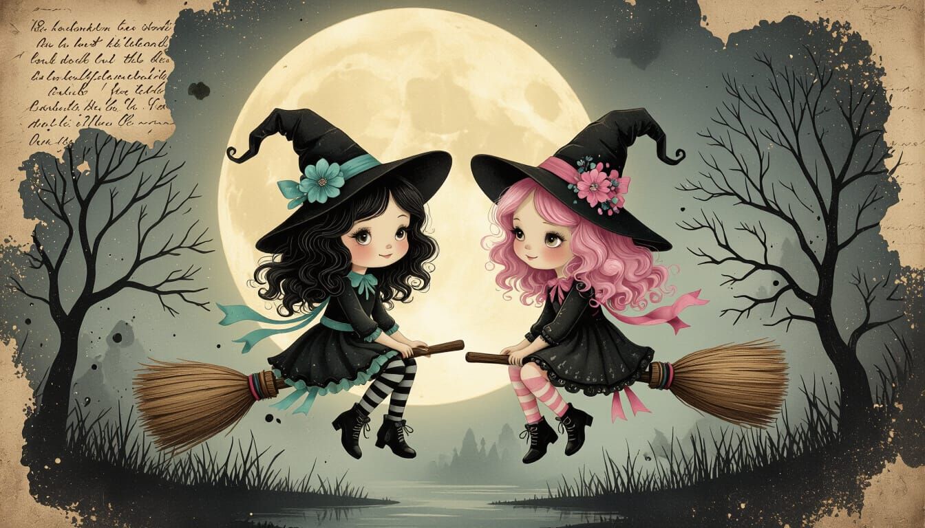 Gothic Fairytale: Two Adorable Witches Under a Glowing Moon