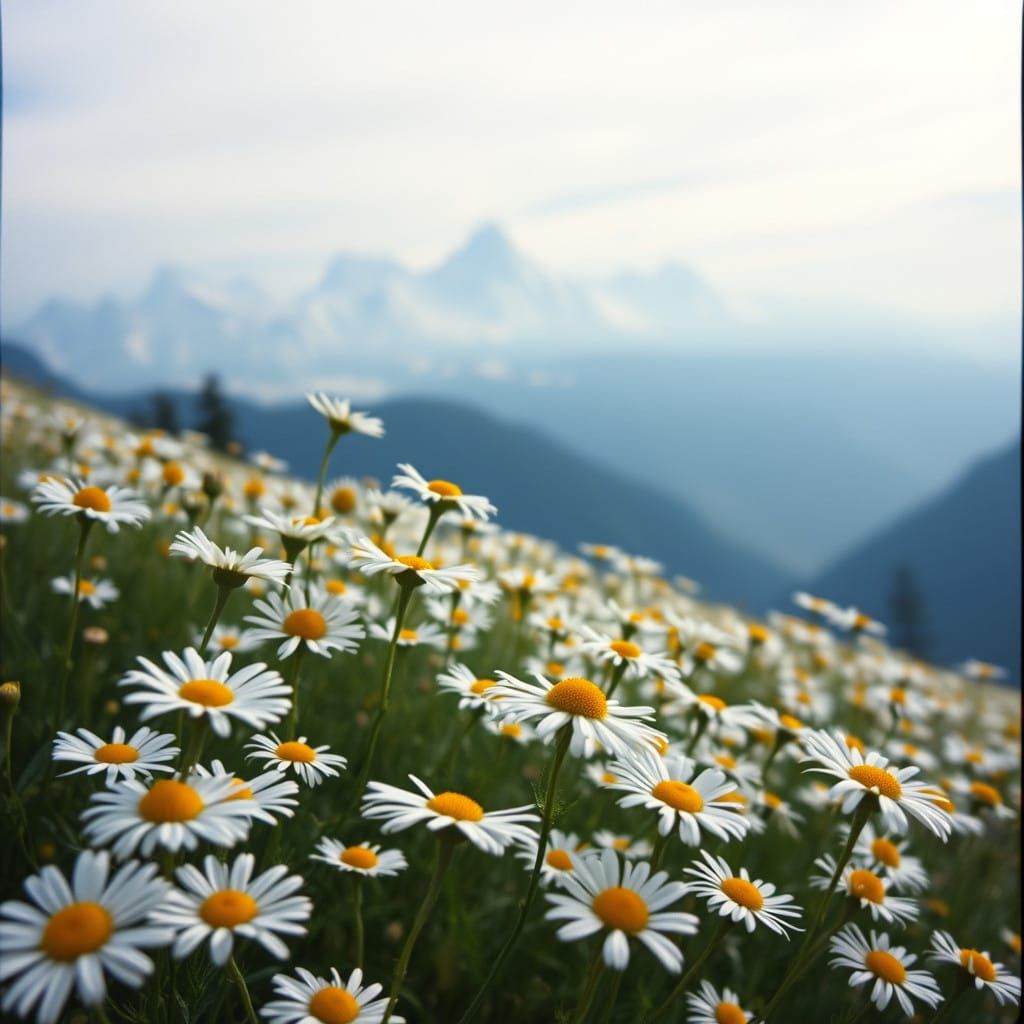 Vibrant Daisies Against Snow-Capped Alps