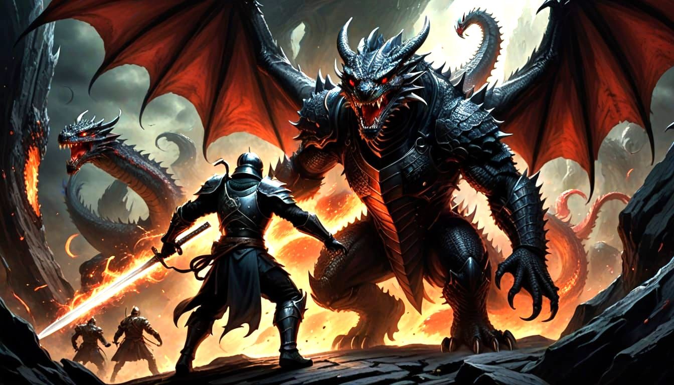 Hero Emerges from Black Hole as Red Dragon Roars Behind