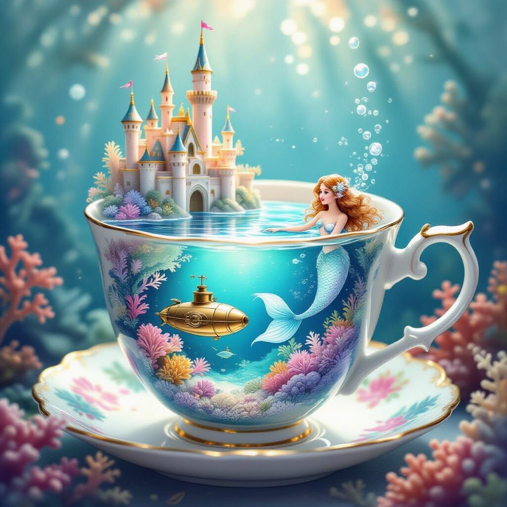 Underwater World Teacup in Watercolor Style