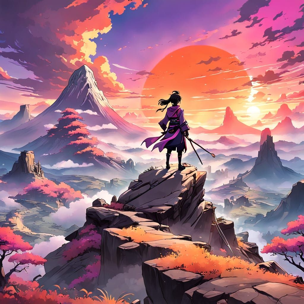 Surreal Sunset Figure on Ancient Stone in Vibrant Genshin Im...