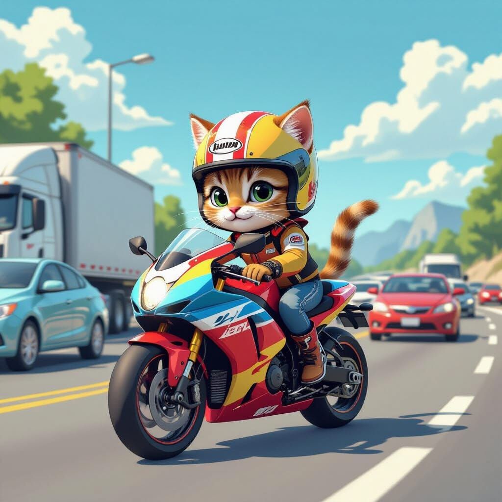 Kitten Rides Motorcycle: Cartoon Style Illustration