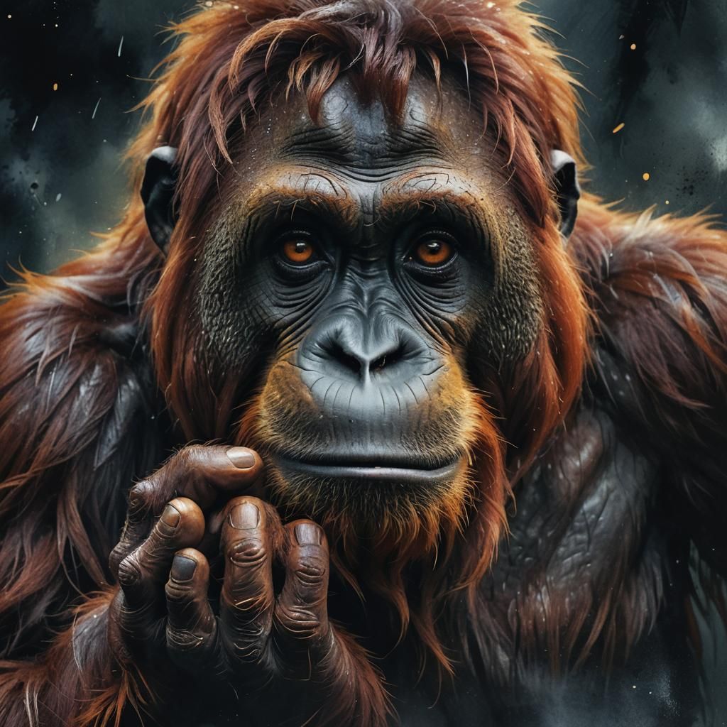 Sad Orangutan Crying with Arms Outstretched in Fantasy Art