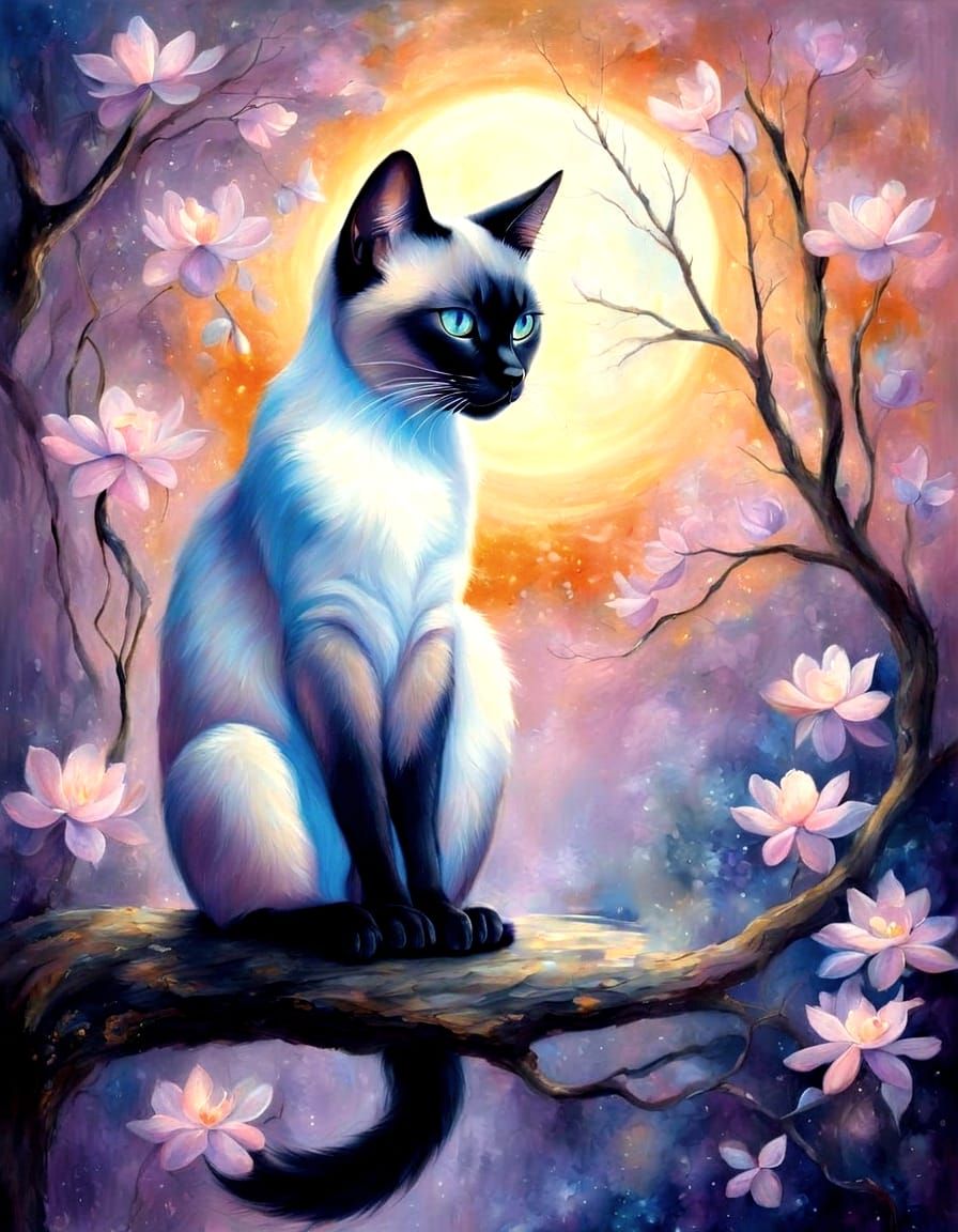 Elegant Siamese Cat in Mystical Landscape Oil Painting