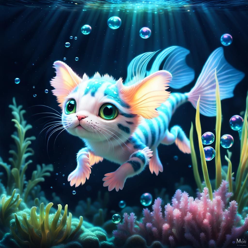 Cute Kitten-Axolotl-Fish Creature in Ghibli Style