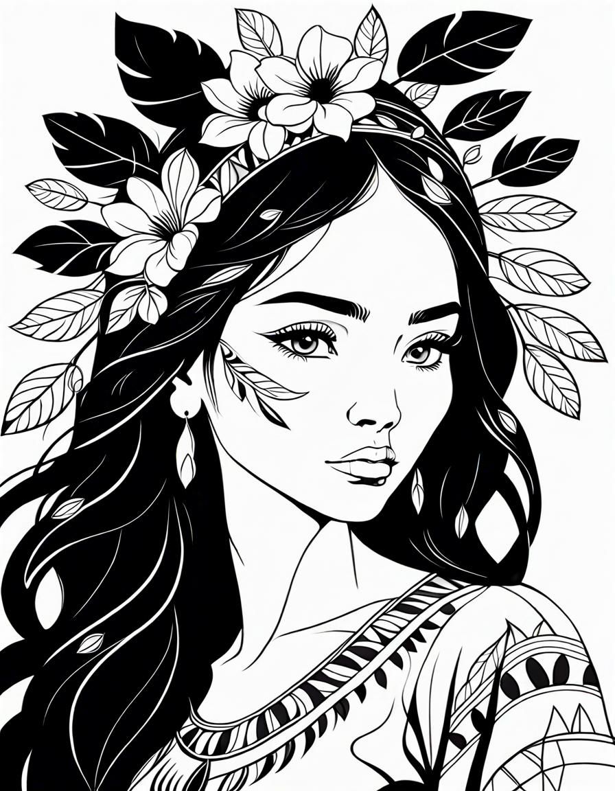 Coloring Page: Beautiful Native American Woman with Floral D...