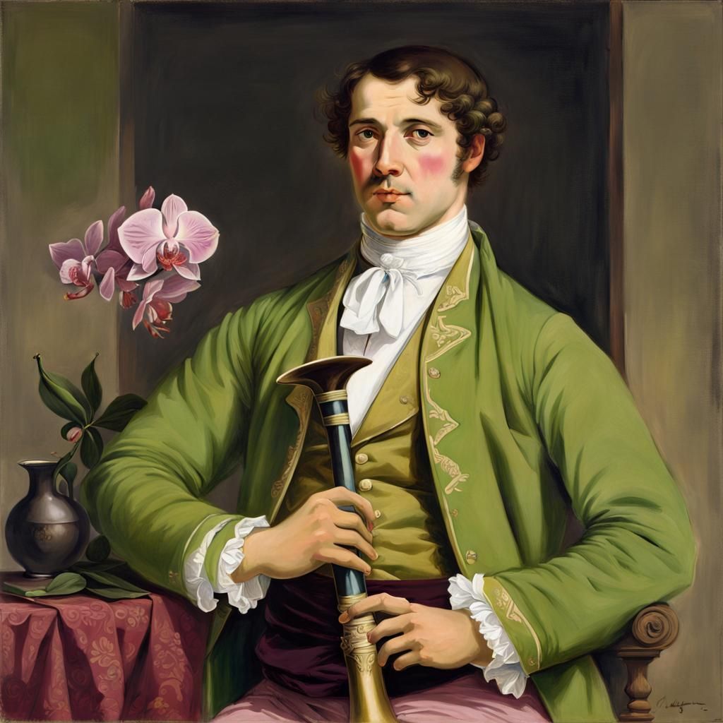 Man in Dirndl Costume with Hunting Horn