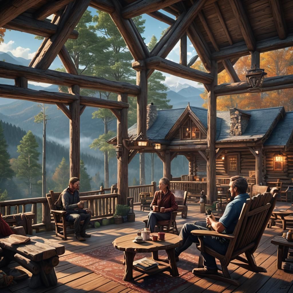 Smoky Mountain Log Cabin with Couple, Matte Painting