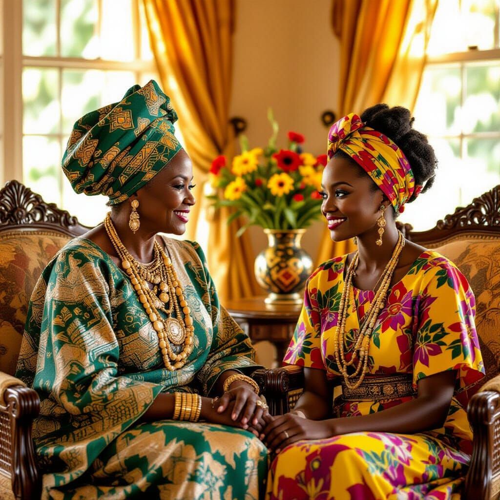African Queen Mother Summons Young Woman in Golden Light