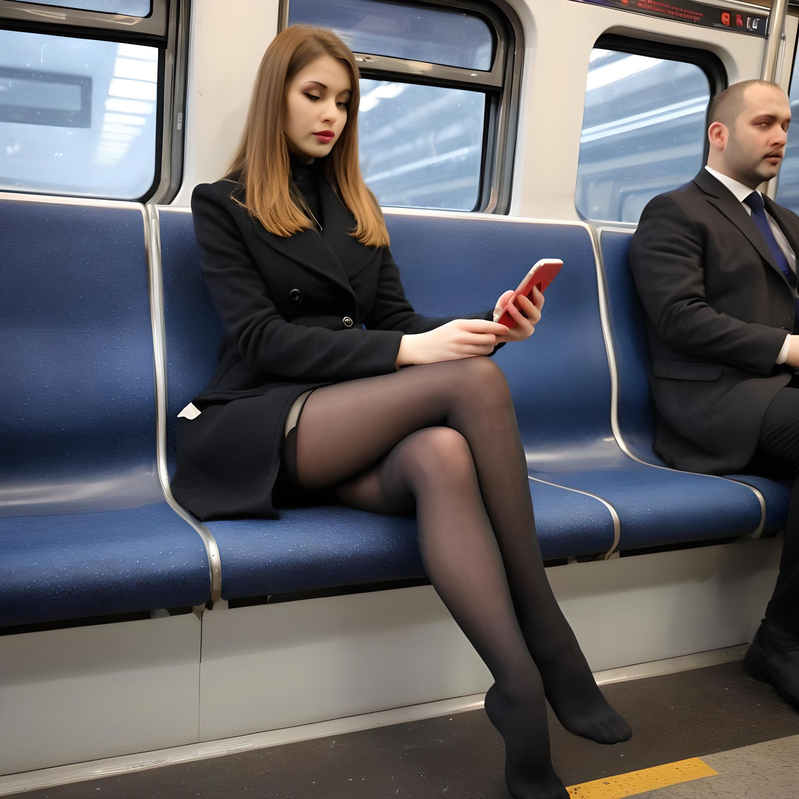 Woman on Train with Cell Phone and Stockings