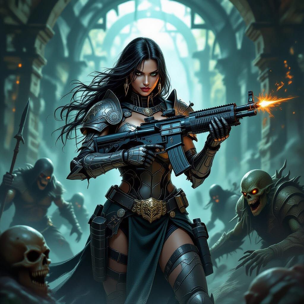 Armored Cyborg Warrior in Mystical Labyrinth in Fantasy Art