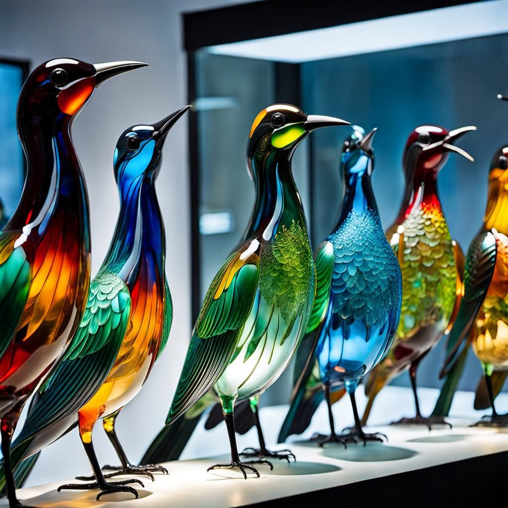 Glass Bird Sculptures in Museum Gallery