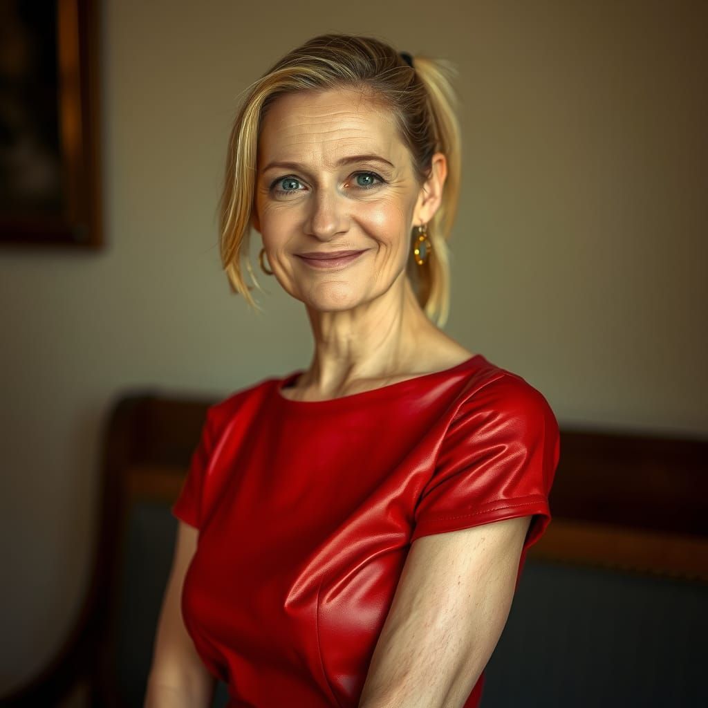 Elegant Woman in Red Leather Dress