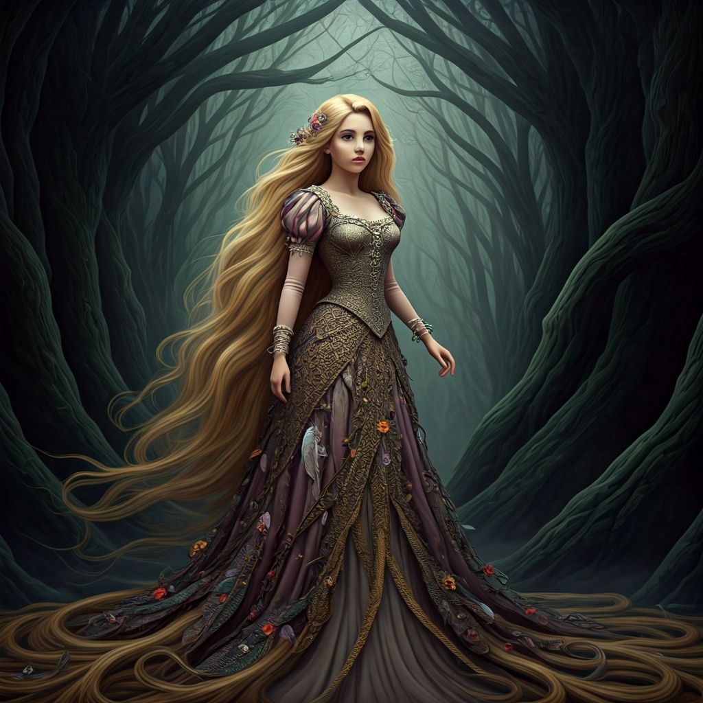 Rapunzel in Mystical Grove with Flowing Golden Hair