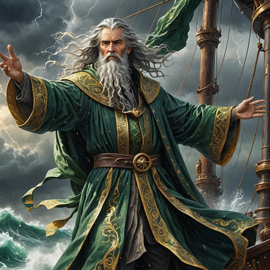 Wizard Directs Storm in Detailed Oil Painting