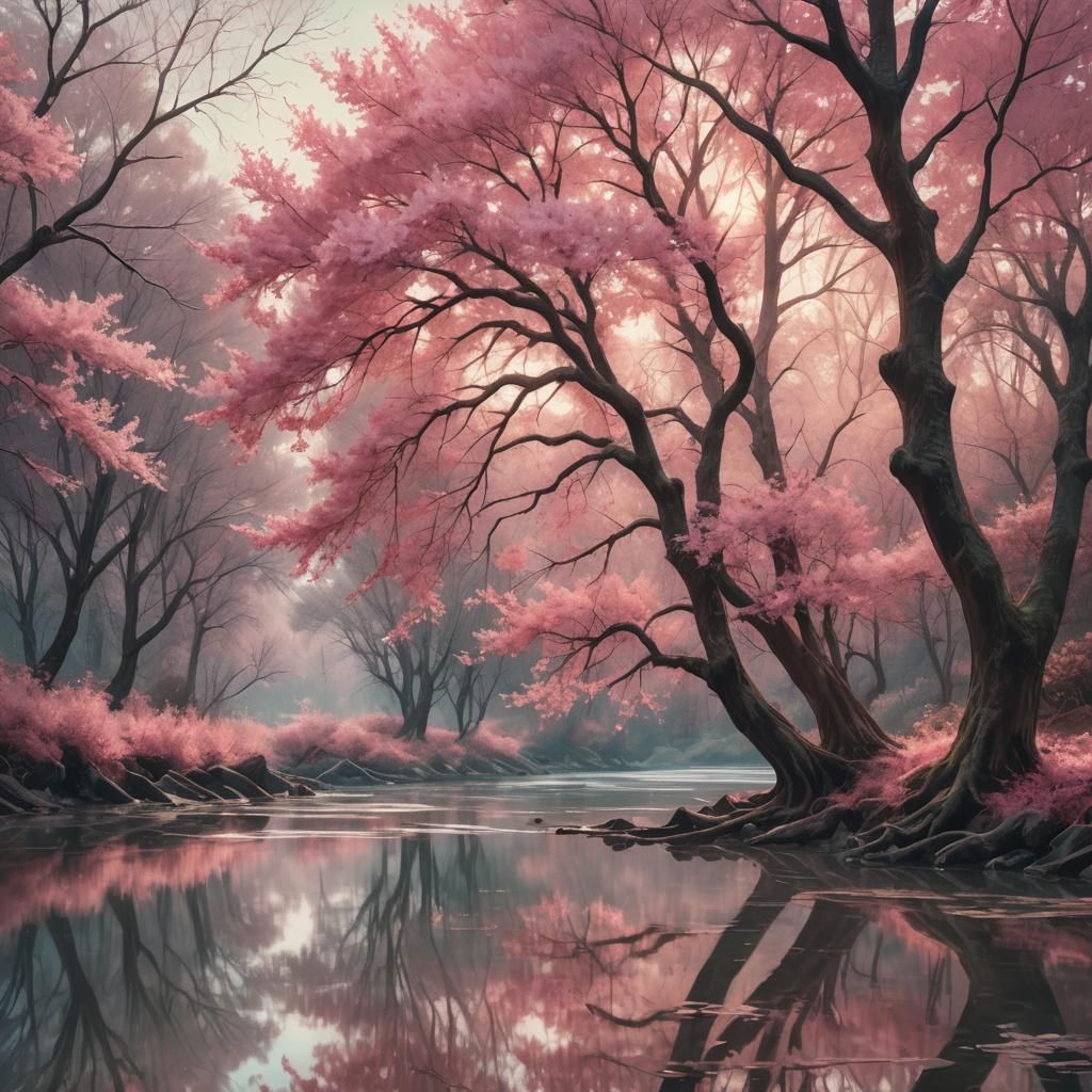 Pink Tree on Serene River: Digital Concept Art