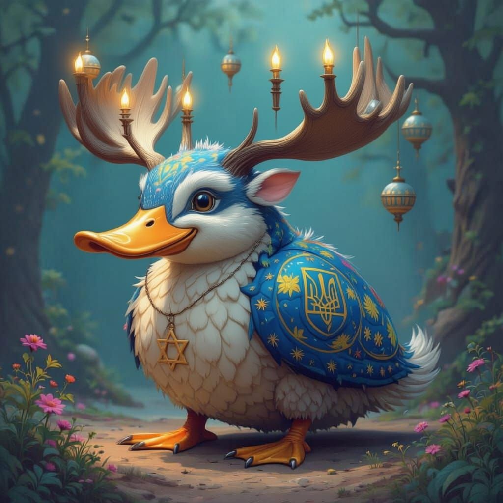Fantastical Platypus-Moose with Menorah Antlers