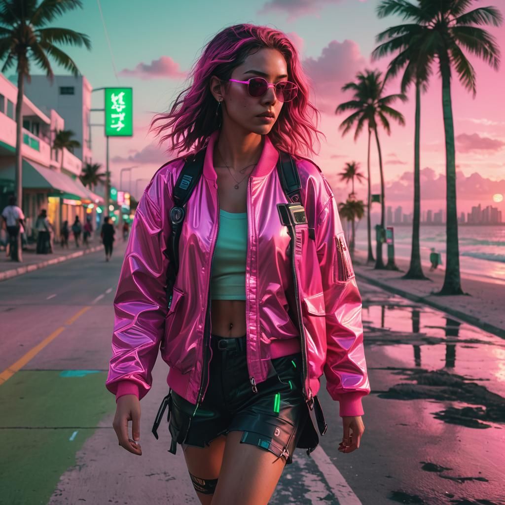 Cyberpunk Woman in Miami at Sunset