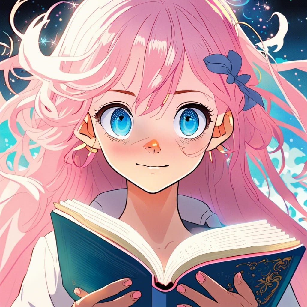 Anime Girl Reading Magic Book in Miyazaki Style