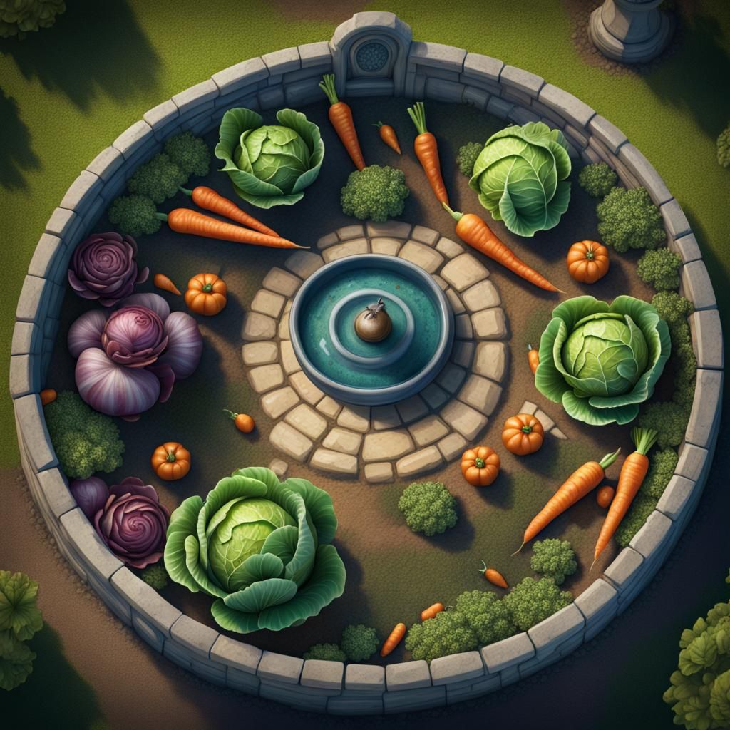 Fantasy Vegetable Garden Overhead View in Matte Painting Sty...