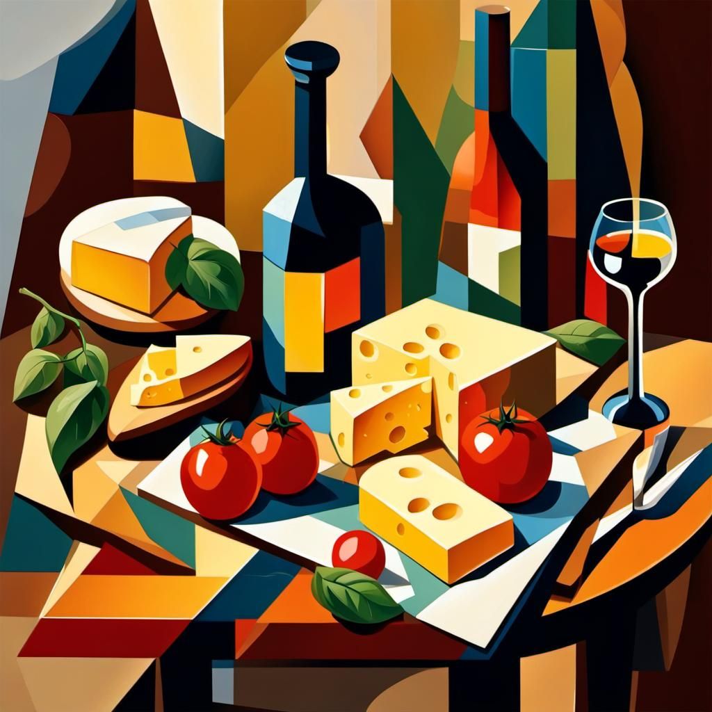 Cubist Still Life with Cheese, Bread, and Wine