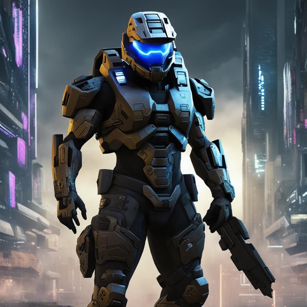 Cyberpunk Spartan Soldier in Neon City