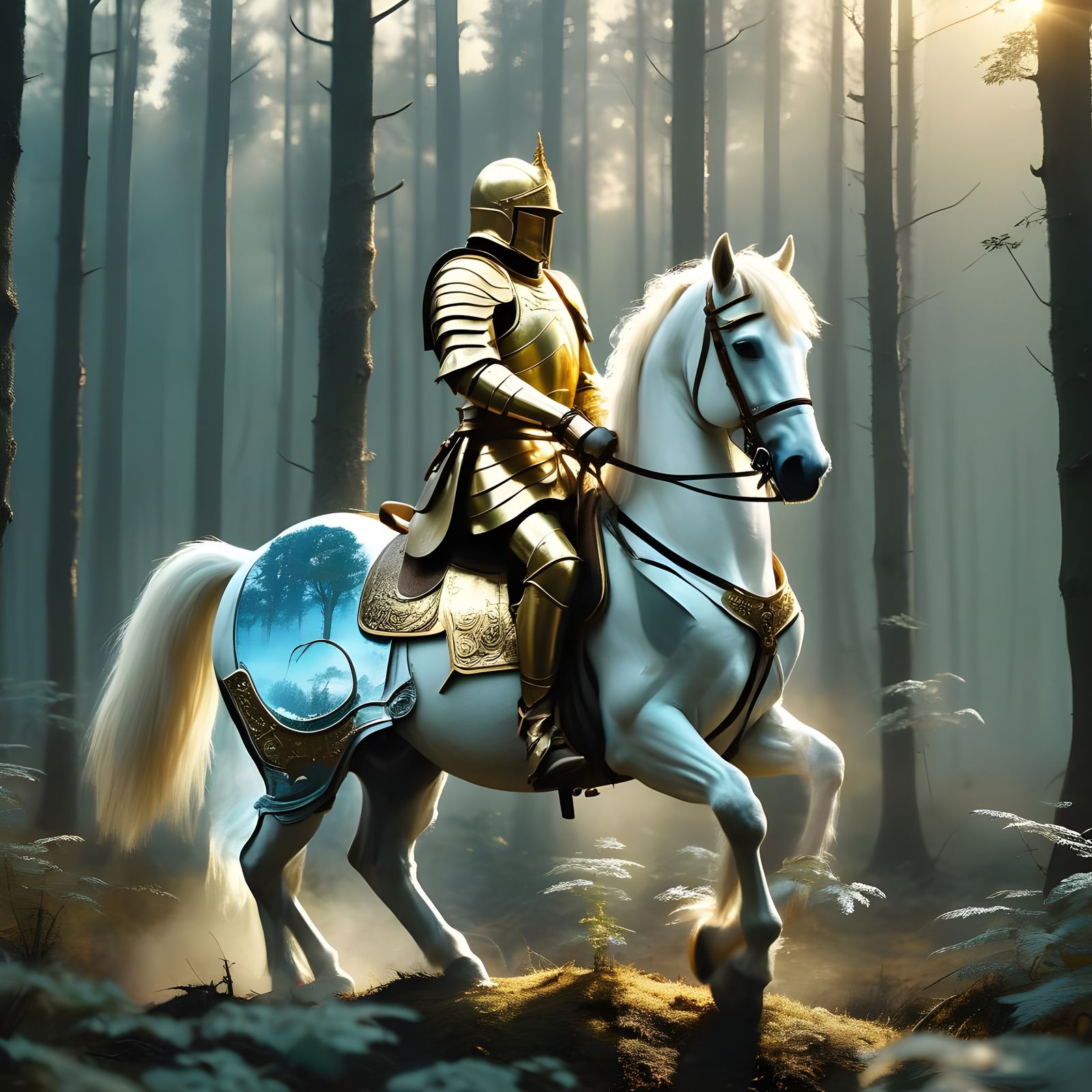 Epic Warrior Rides into Battle on Majestic White Steed