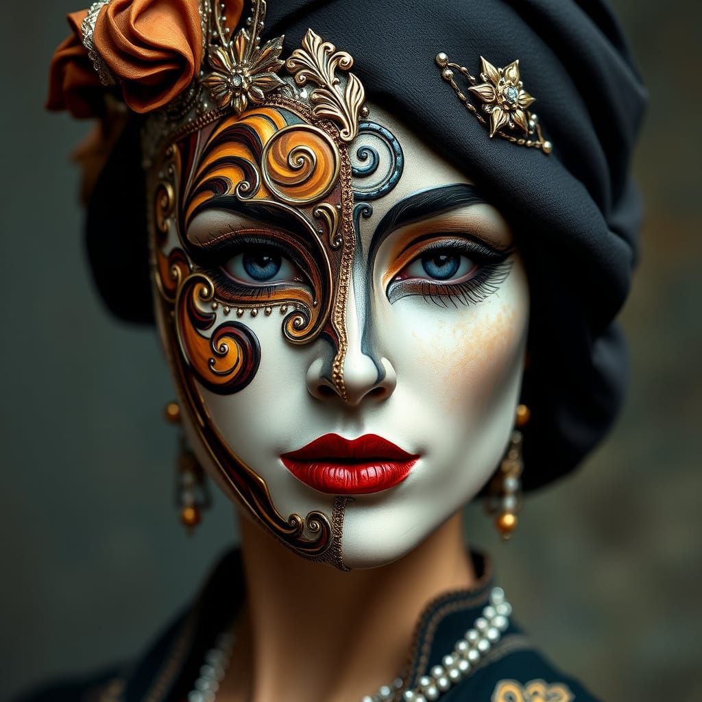 Elegant Woman with Divided Mask in Italian Renaissance Style