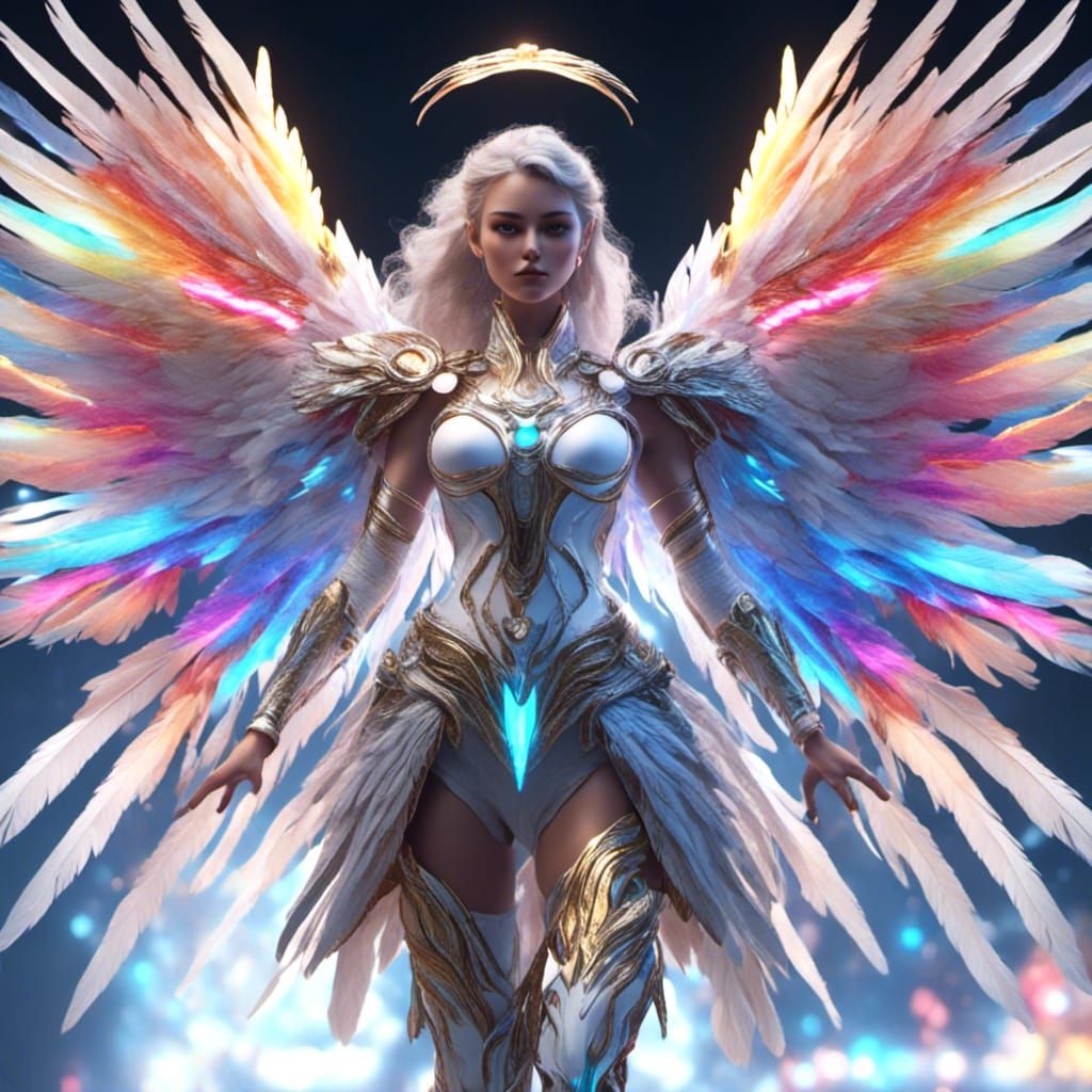 Archangel Girl with Rainbow Wings in HD Realism