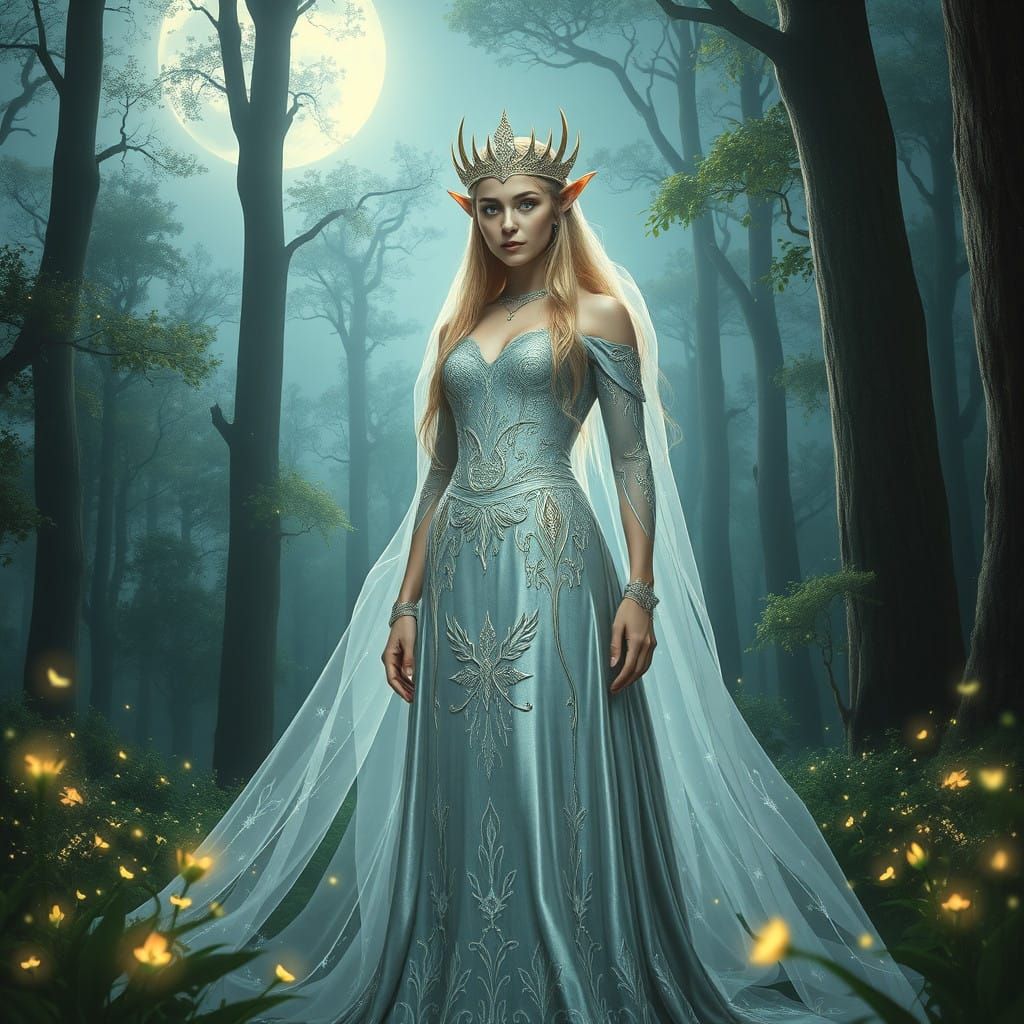 Ethereal Elf Queen in Moonlit Forest Glade