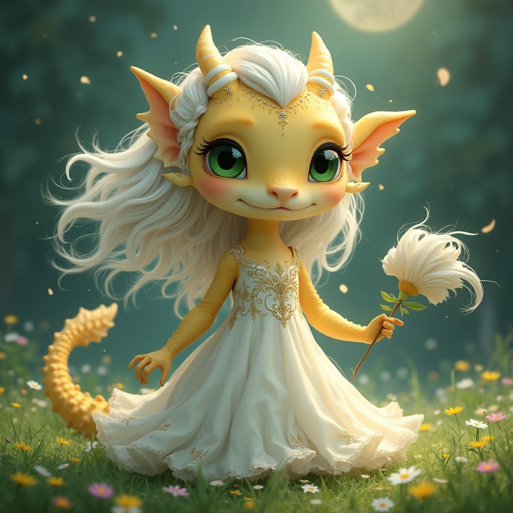 Whimsical Dragon Goddess in a Moonlit Meadow