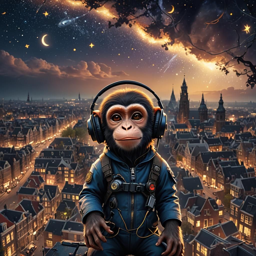 Monkey in Amsterdam Under Starry Sky, Detailed Painting