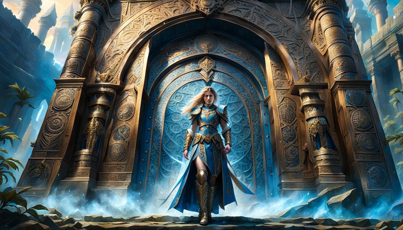 Fantasy Woman Before Ancient Stone Doorway