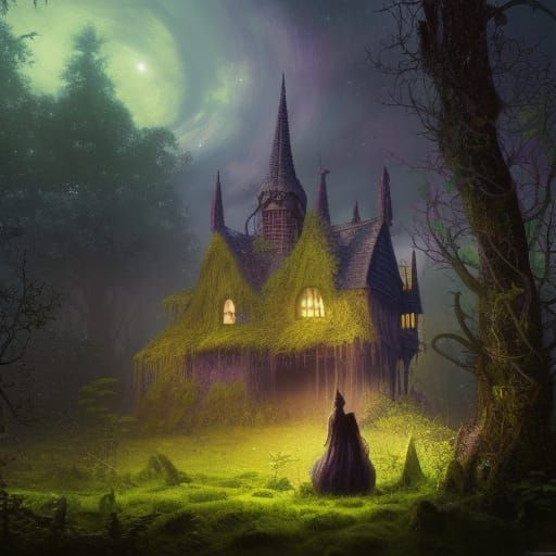 Gothic Witch Cottage in Mushroom Forest at Night