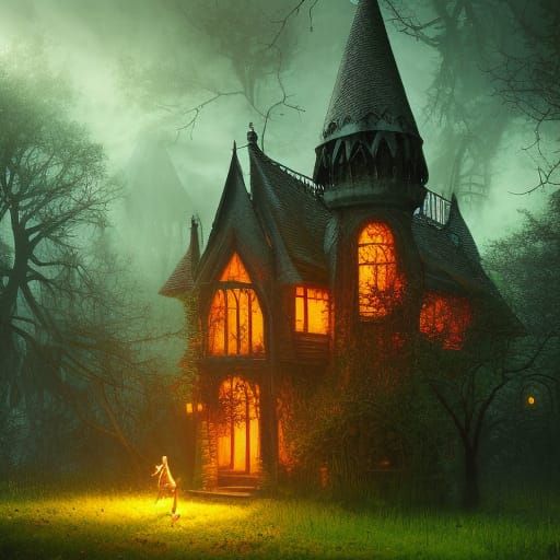 Gothic Witch Cottage in Mushroom Forest at Night
