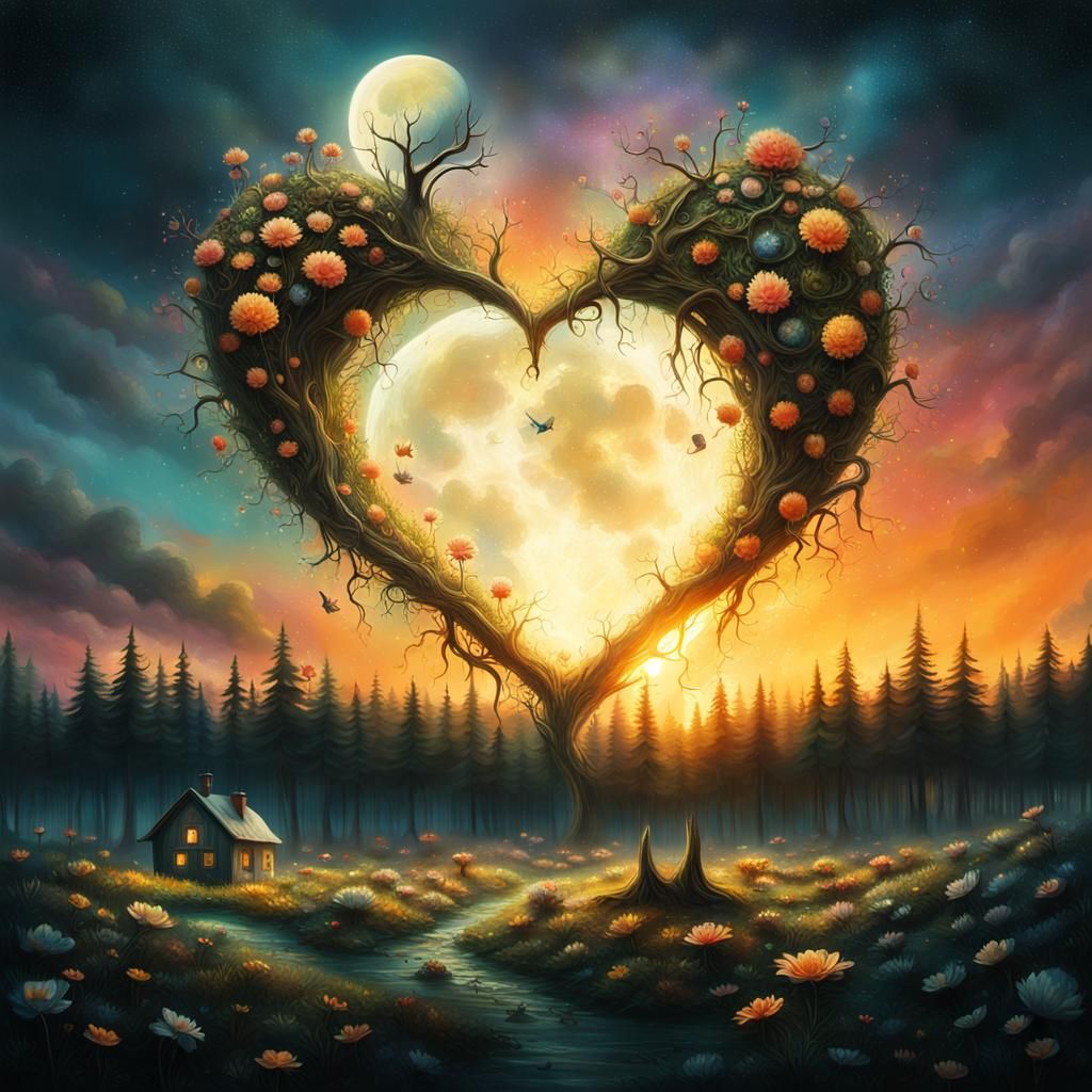Surreal Moon Heart Forest Village in Oil Painting Style