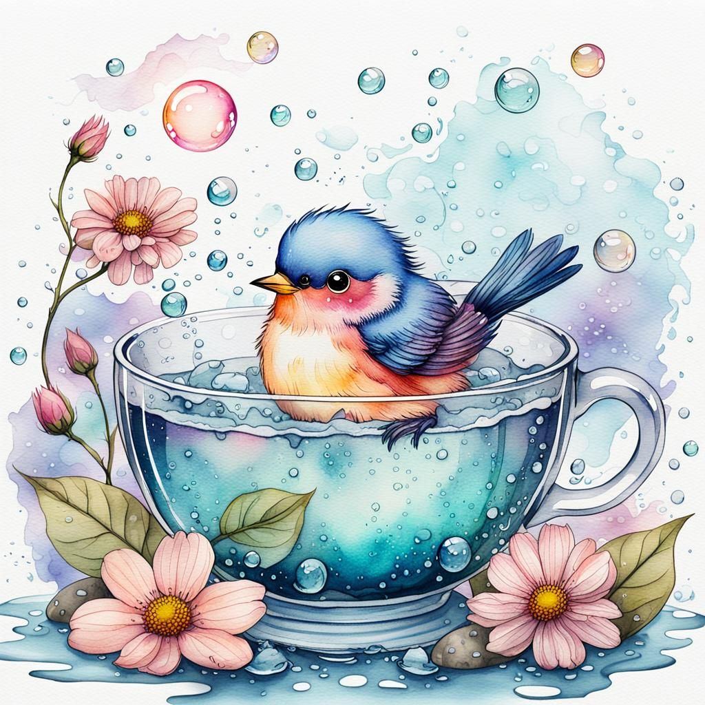 Cute Chibi Bird in Teacup Bubble Bath