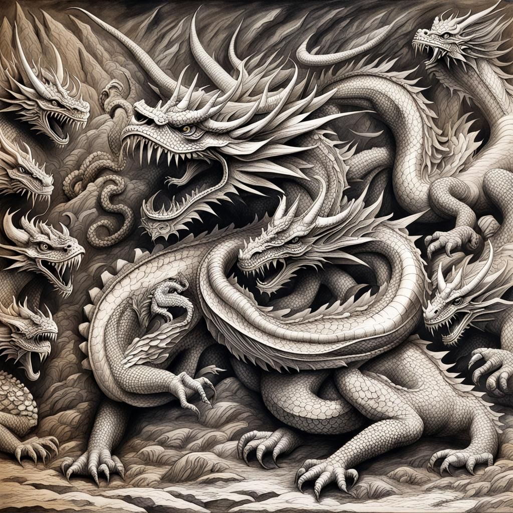 Hyperdetailed Charcoal Dragons from 6000 BC