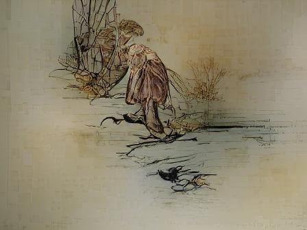 Melancholy Grandparent in Arthur Rackham Style