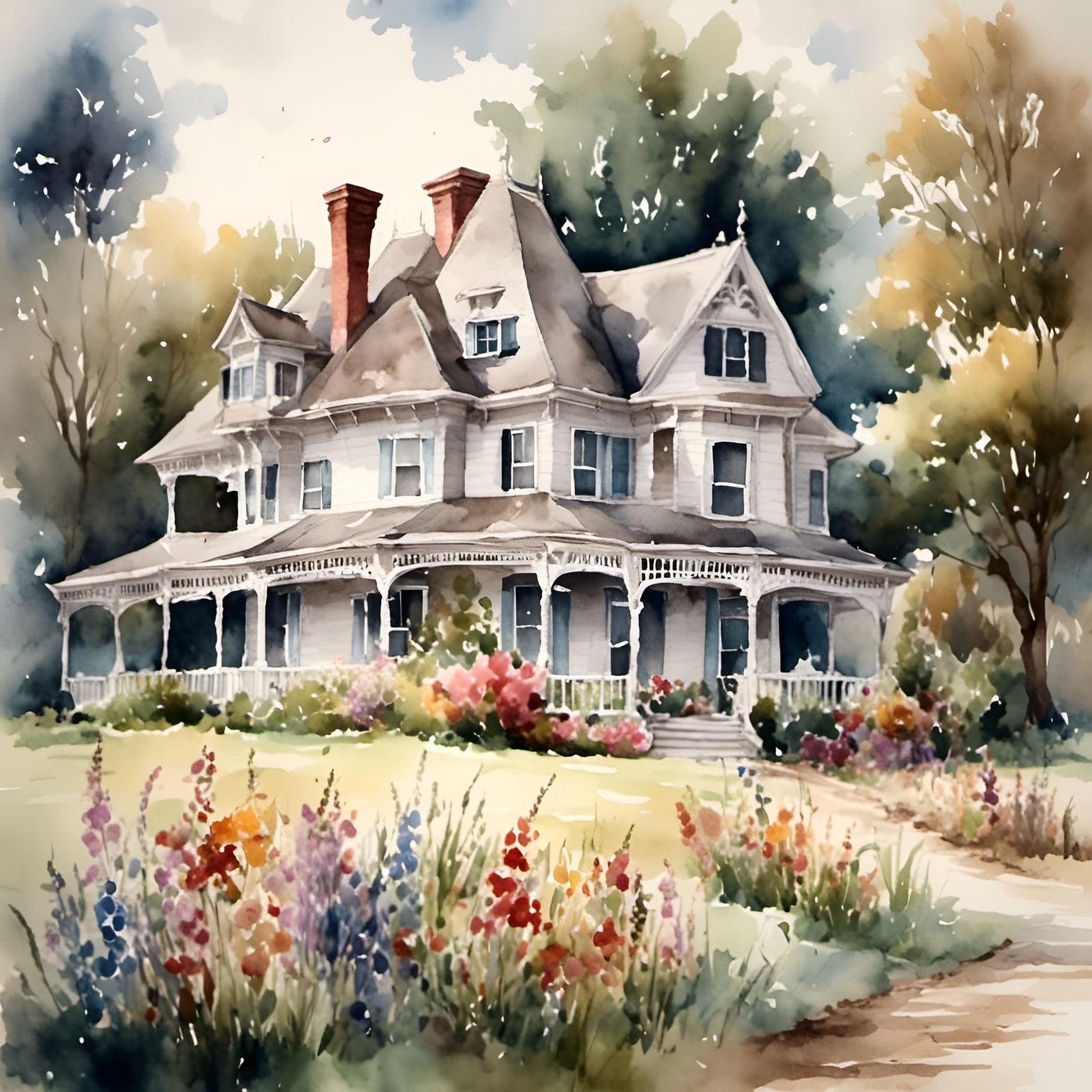White Victorian House in Antique Watercolor Style
