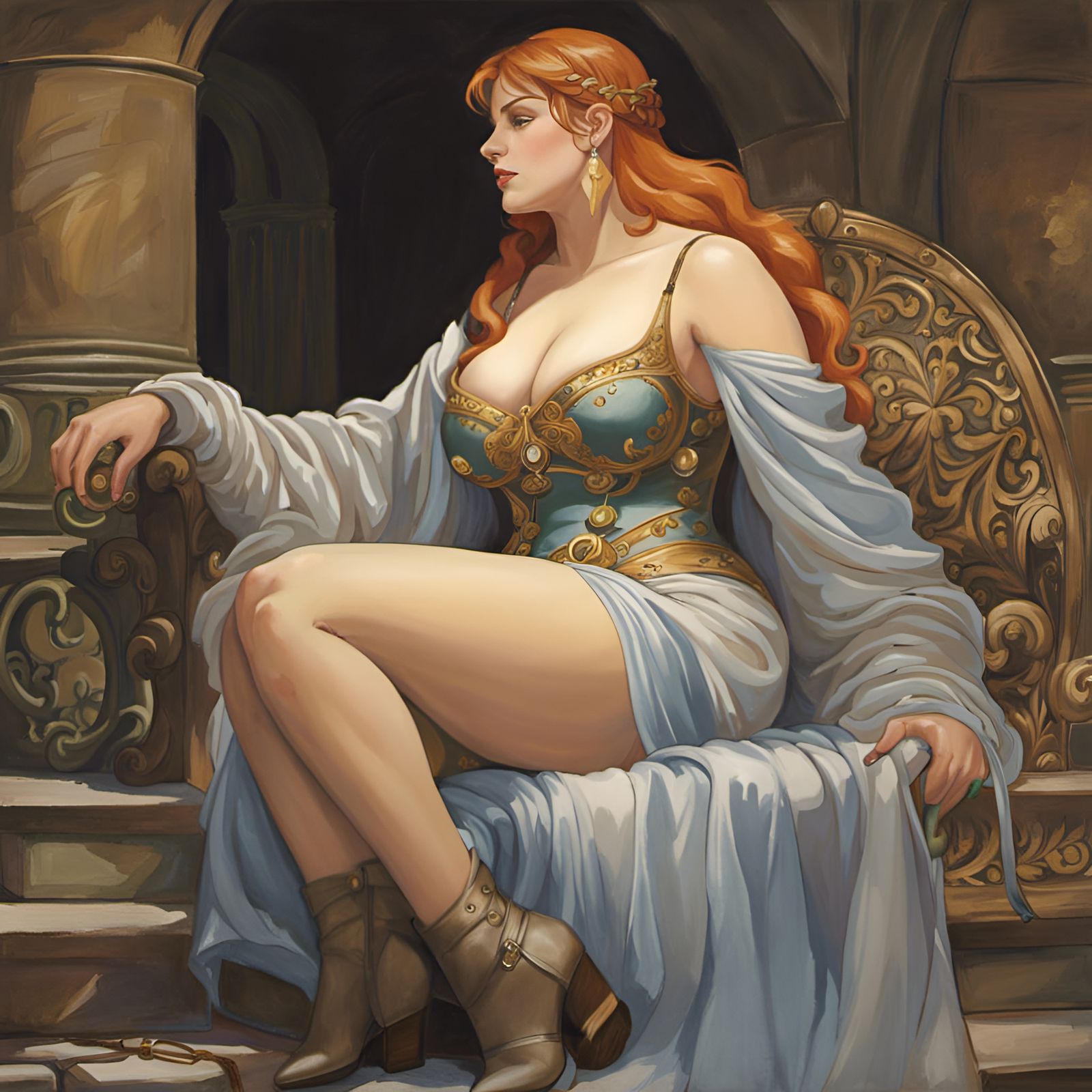 Plump Woman on Throne: Watercolor Painting by Ghibli