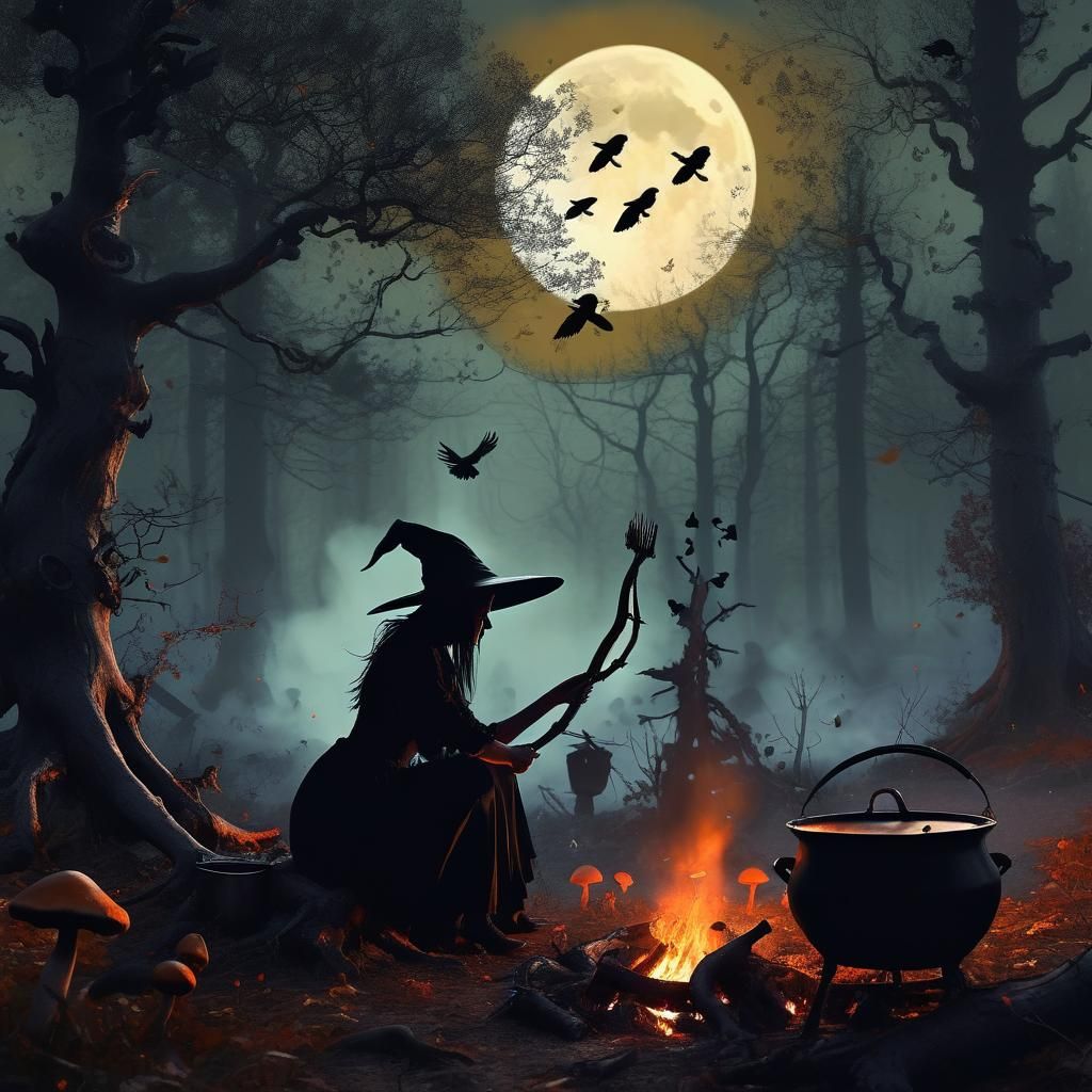 Mystical Witch Casting Spell in Eerie Forest