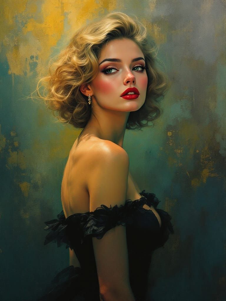 1950s Pin-Up Woman in Atmospheric Oil Painting Style