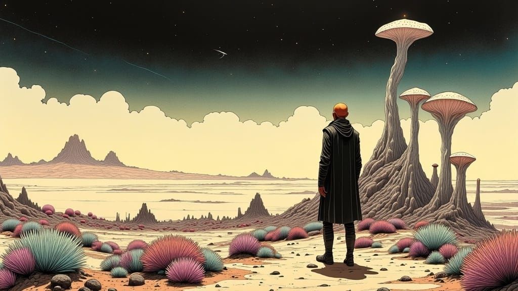 Alien Desert Landscape in Arthur Rackham Style