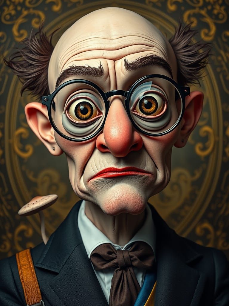Surreal Bald Figure Portrait in Grotesque Caricature Style