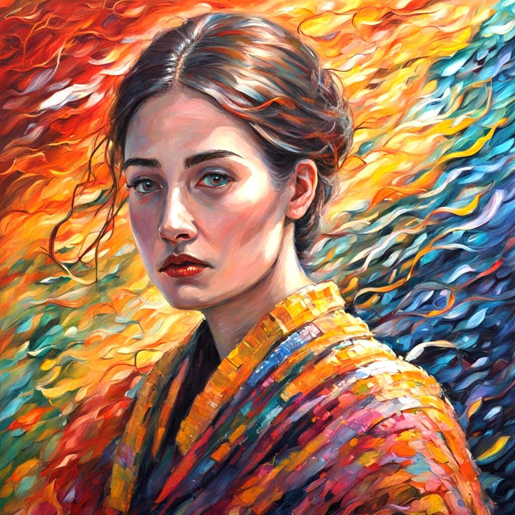 Girl Controls Dreams with Threads: Expressionist Oil Paintin...