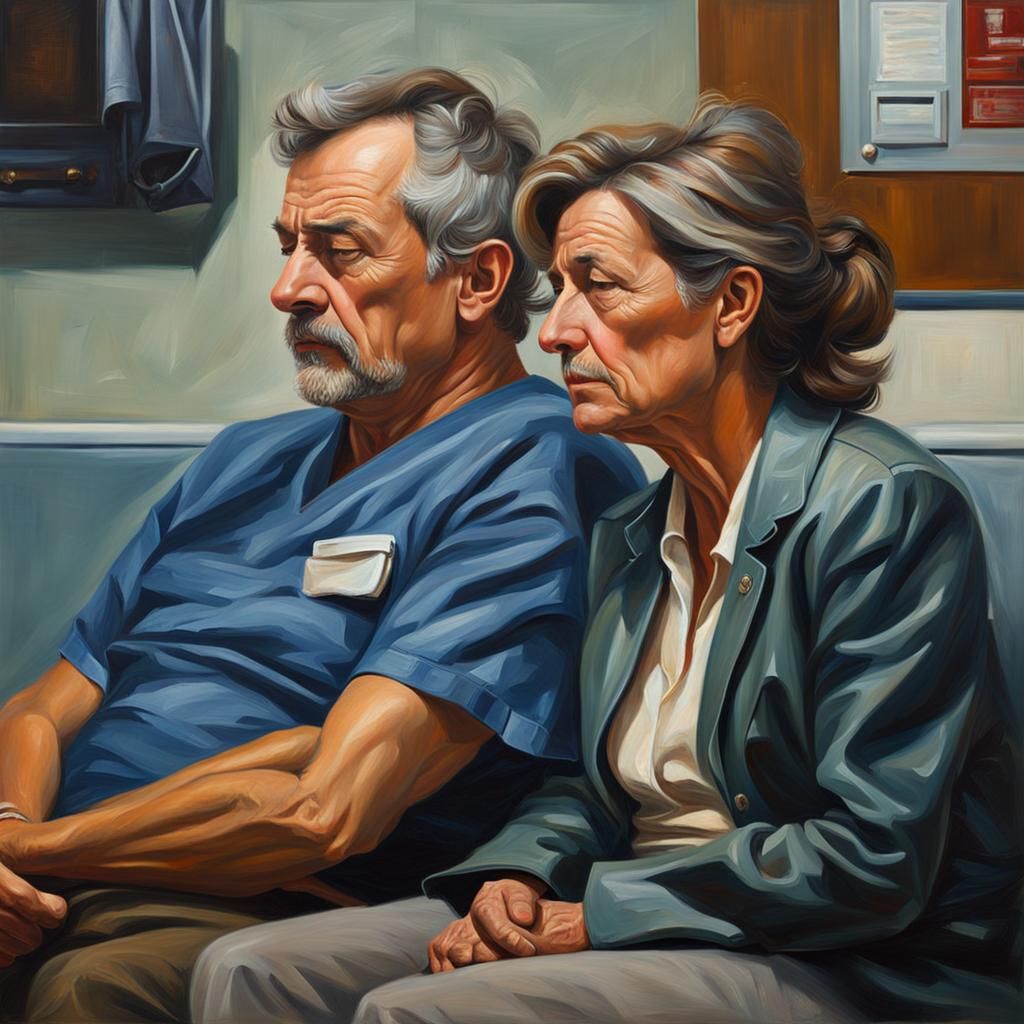 Tired Couple in Emergency Room as Oil Painting