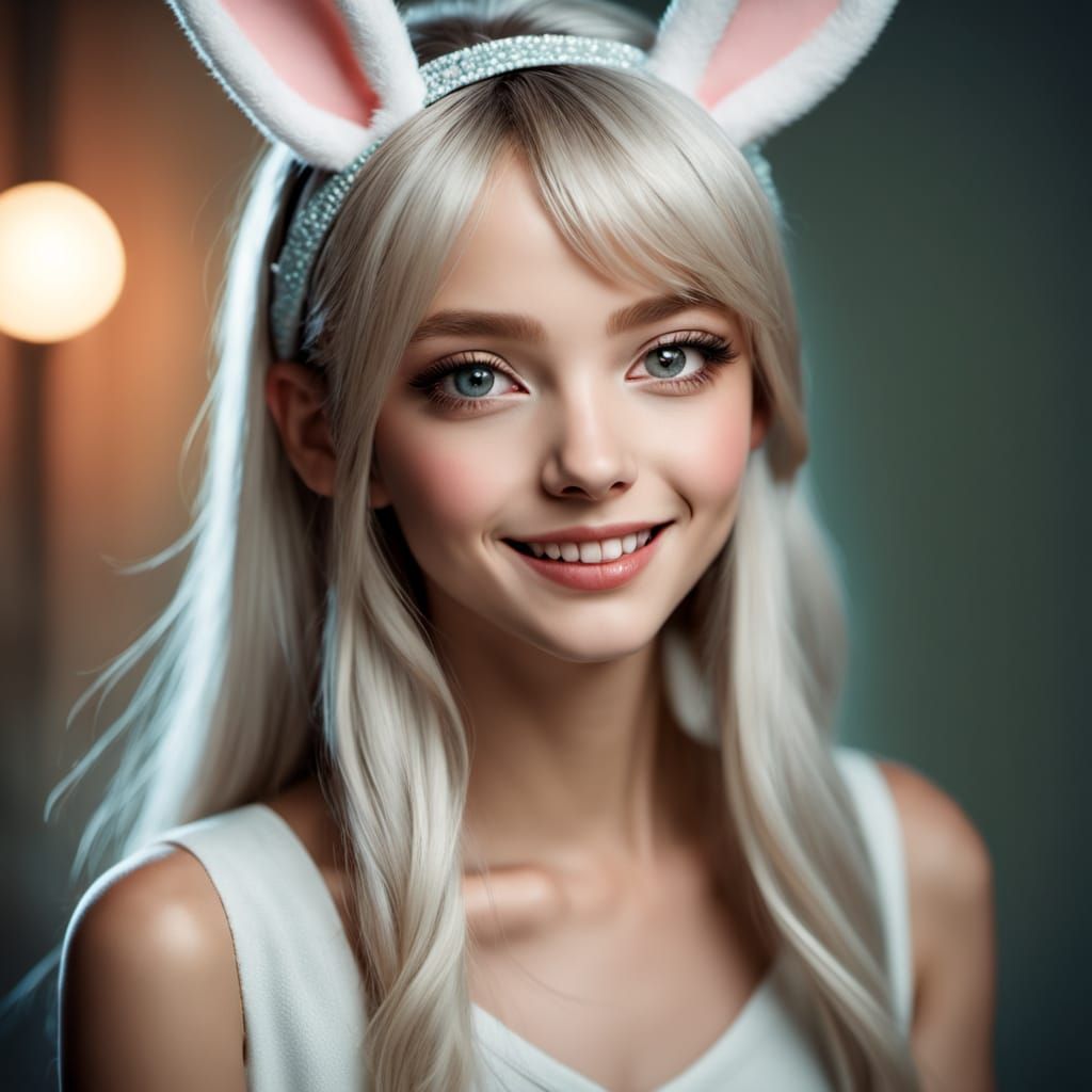 Young Woman Wears Whimsical Bunny Ears in Pastel Hues